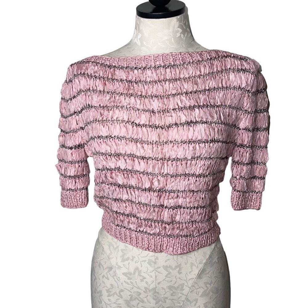 Vintage Womens Top Size Small Pink Woven Ribbon Knit Boat Neck Stretch